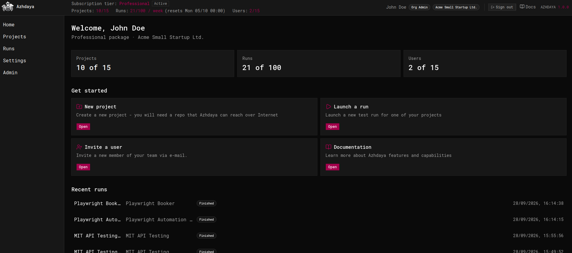 The start page for user John Doe